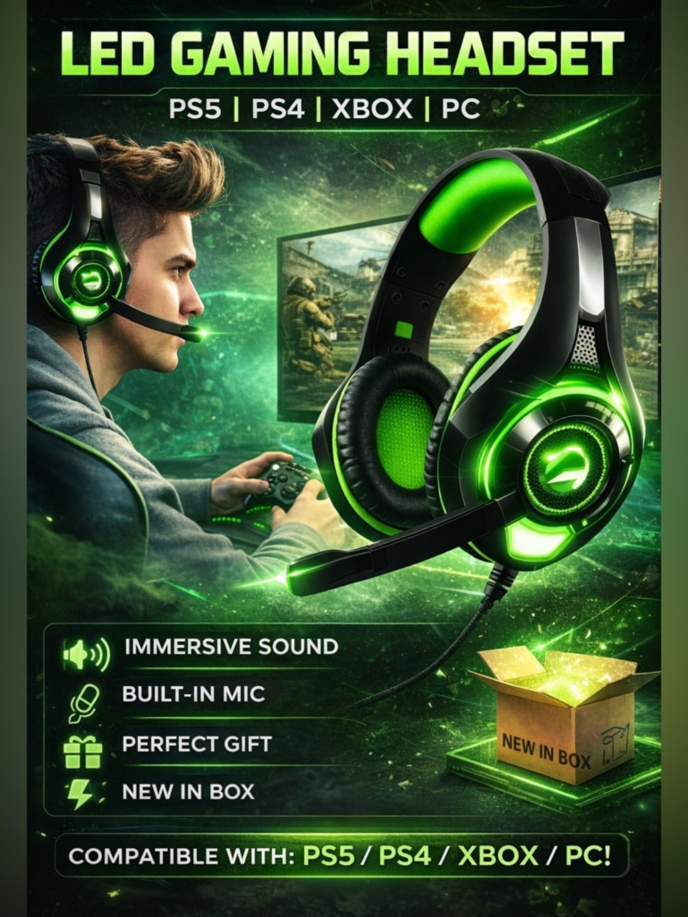 LED Gaming Headset w Mic PS5 PS4 XBox PC Green Over Ear New
